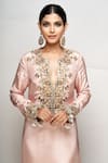 Payal Singhal_Pink Silk Embroidered Plunge Neck Kaftan _at_Aza_Fashions