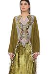 Shop_Payal Singhal_Green Velvet Embroidery Geometric Notched Shirin Kaftan And Dhoti Pant Set _at_Aza_Fashions