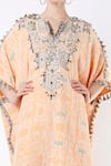 Payal Singhal_Orange Crepe Printed Paisley Pattern Notched Short Kaftan And Palazzo Set _Online_at_Aza_Fashions