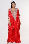 Buy Payal Singhal Red Silk Embroidered Mukaish And Floral Pattern Notched Kaftan & Palazzo Set at Aza Fashions Buy_Payal Singhal_Red Silk Embroidered Mukaish And Floral Pattern Notched Kaftan & Palazzo Set _at_Aza_Fashions