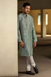 PS Men by Payal Singhal_Blue Silk Printed Lotus Kurta Set  _Online_at_Aza_Fashions