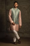 Buy_PS Men by Payal Singhal_Blue Dupion Silk Printed Lotus Geometric Bundi And Kurta Set  _at_Aza_Fashions