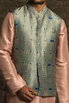 Buy_PS Men by Payal Singhal_Blue Dupion Silk Printed Lotus Geometric Bundi And Kurta Set  _Online_at_Aza_Fashions