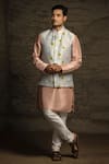 Buy_PS Men by Payal Singhal_Grey Dupion Silk Printed Meadow Bundi And Kurta Set _at_Aza_Fashions