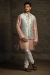 PS Men by Payal Singhal_Grey Dupion Silk Printed Meadow Bundi And Kurta Set _Online_at_Aza_Fashions