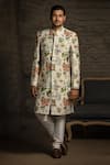 Buy_PS Men by Payal Singhal_White Dupion Silk Printed Titli Sherwani Set _at_Aza_Fashions