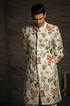 PS Men by Payal Singhal_White Dupion Silk Printed Titli Sherwani Set _Online_at_Aza_Fashions