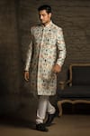 PS Men by Payal Singhal_Beige Dupion Silk Printed Tulip Garden Sherwani Set _Online_at_Aza_Fashions