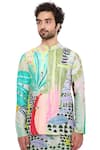 Shop_PS Men by Payal Singhal_Green Dupion Silk Printed Tropical Monet Bundi And Kurta Set  _at_Aza_Fashions