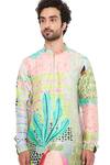 Shop_PS Men by Payal Singhal_Green Dupion Silk Printed Tropical Wanderlust Kurta Set _at_Aza_Fashions