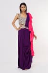 Buy_Payal Singhal_Purple Georgette Thread And Mirror Scoop Neck Frill Border Saree With Blouse _at_Aza_Fashions