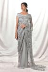 Buy_Priyal Bhardwaj_Grey Saree Net And Blouse Satin Embroidery Resham One Shoulder With Off _at_Aza_Fashions