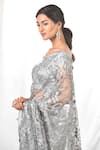 Shop_Priyal Bhardwaj_Grey Saree Net And Blouse Satin Embroidery Resham One Shoulder With Off _at_Aza_Fashions