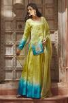 Pratibha Sultania_Green Taffeta Embroidered Peacock Motif U Neck Ombre Kurta Sharara Set _Online_at_Aza_Fashions