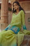 Buy_Pratibha Sultania_Green Taffeta Embroidered Peacock Motif U Neck Ombre Kurta Sharara Set _Online_at_Aza_Fashions