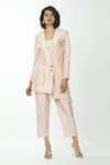 Buy_Priyanka Singh_Peach Raw Silk Crop Top U Neck Blazer Lapel Asymmetric And Pant Set  _at_Aza_Fashions