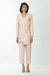 Priyanka Singh_Peach Raw Silk Crop Top U Neck Blazer Lapel Asymmetric And Pant Set  _Online_at_Aza_Fashions