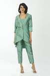 Buy_Priyanka Singh_Green Raw Silk Crop Top U Neck Blazer Lapel Asymmetric And Pant Set  _at_Aza_Fashions
