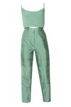 Buy_Priyanka Singh_Green Raw Silk Crop Top U Neck Blazer Lapel Asymmetric And Pant Set  _Online_at_Aza_Fashions