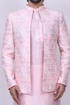 Khwaab by Sanjana Lakhani_Pink Art Silk Embroidered Floral Jacket And Kurta Set_at_Aza_Fashions