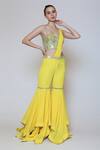Preeti S Kapoor_Yellow Georgette, Dupion Mirror, Sequins Sweetheart Draped Gharara Saree Set _Online_at_Aza_Fashions