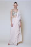 Buy_Preeti S Kapoor_Pink Georgette, Dupion Mirror V Neck Draped Ruffle Saree Set _Online_at_Aza_Fashions