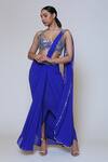 Shop_Preeti S Kapoor_Blue Georgette Embroidered Sequins V Neck Draped Saree Set _Online_at_Aza_Fashions