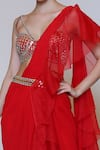 Preeti S Kapoor_Red Georgette Embroidered Mirror V Neck Draped Saree Set _at_Aza_Fashions