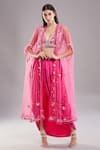 Buy_Preeti S Kapoor_Pink Satin Embroidered Mirror Cape Open Work And Skirt Set _at_Aza_Fashions