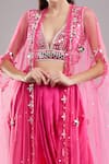 Buy_Preeti S Kapoor_Pink Satin Embroidered Mirror Cape Open Work And Skirt Set _Online_at_Aza_Fashions