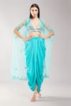 Buy_Preeti S Kapoor_Blue Satin Embroidered Mirror Cape Open Work And Skirt Set _at_Aza_Fashions