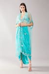 Shop_Preeti S Kapoor_Blue Satin Embroidered Mirror Cape Open Work And Skirt Set _at_Aza_Fashions