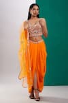 Buy_Preeti S Kapoor_Orange Dupion Embroidered Mirror V Neck Draped Skirt And Work Blouse Set_at_Aza_Fashions