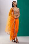 Preeti S Kapoor_Orange Dupion Embroidered Mirror V Neck Draped Skirt And Work Blouse Set_Online_at_Aza_Fashions