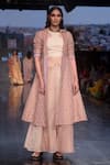 Shruti Sancheti_Pink Gold Tissue Embroidery Sequin And Thread Trench & Palazzo Set  _Online_at_Aza_Fashions