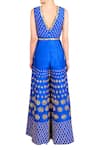 Shop_Papa Don't Preach_Blue Raw Silk Embroidered Floral Motif V Neck Sharara Jumpsuit _at_Aza_Fashions