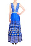 Papa Don't Preach_Blue Raw Silk Embroidered Floral Motif V Neck Sharara Jumpsuit _Online_at_Aza_Fashions