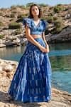 Buy_Shruti Sancheti_Blue Silk Mulmul Floral Print And Crochet Lace Work Tiered Skirt & Top Set _at_Aza_Fashions