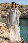 Buy_Shruti Sancheti_Blue Organza Mandarin Collar Ombre Embroidered Kaftan_at_Aza_Fashions