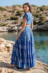 Shruti Sancheti_Blue Silk Mulmul Floral Print And Crochet Lace Work Tiered Skirt & Top Set _Online_at_Aza_Fashions