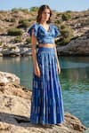Buy_Shruti Sancheti_Blue Silk Mulmul Floral Print And Crochet Lace Work Tiered Skirt & Top Set _Online_at_Aza_Fashions