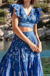 Shop_Shruti Sancheti_Blue Silk Mulmul Floral Print And Crochet Lace Work Tiered Skirt & Top Set _Online_at_Aza_Fashions