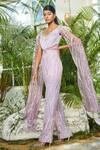 Buy_Kamaali Couture_Purple Net Embellished Feathers Plunge Sweetheart Draped Jumpsuit  _at_Aza_Fashions