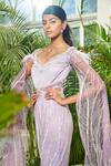 Kamaali Couture_Purple Net Embellished Feathers Plunge Sweetheart Draped Jumpsuit  _Online_at_Aza_Fashions