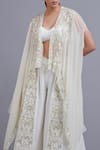 Parul | Vivek_Off White Georgette And Moss Crepe Sweetheart Neck Embellished Cape & Pant Set _Online_at_Aza_Fashions