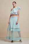 Buy_Parul | Vivek_Blue Silk , Moss Crepe And Asymmetric Ruffled Top & Pant Set _at_Aza_Fashions