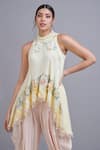 Shop_Parul | Vivek_Yellow Crepe Embroidery Halter Floral Tunic And Dhoti Pant Set  _at_Aza_Fashions