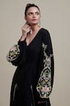 Parul | Vivek_Black Moss Crepe Embroidery V Neck Embellished Cape And Jumpsuit Set  _Online_at_Aza_Fashions