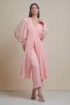Shop_Parul | Vivek_Pink Moss Crepe V Neck Embellished Cape And Jumpsuit Set _at_Aza_Fashions