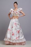 Buy_Parul | Vivek_Off White Dutchess Satin And Tulle V Neck Floral Print Crop Top & Skirt Set _at_Aza_Fashions